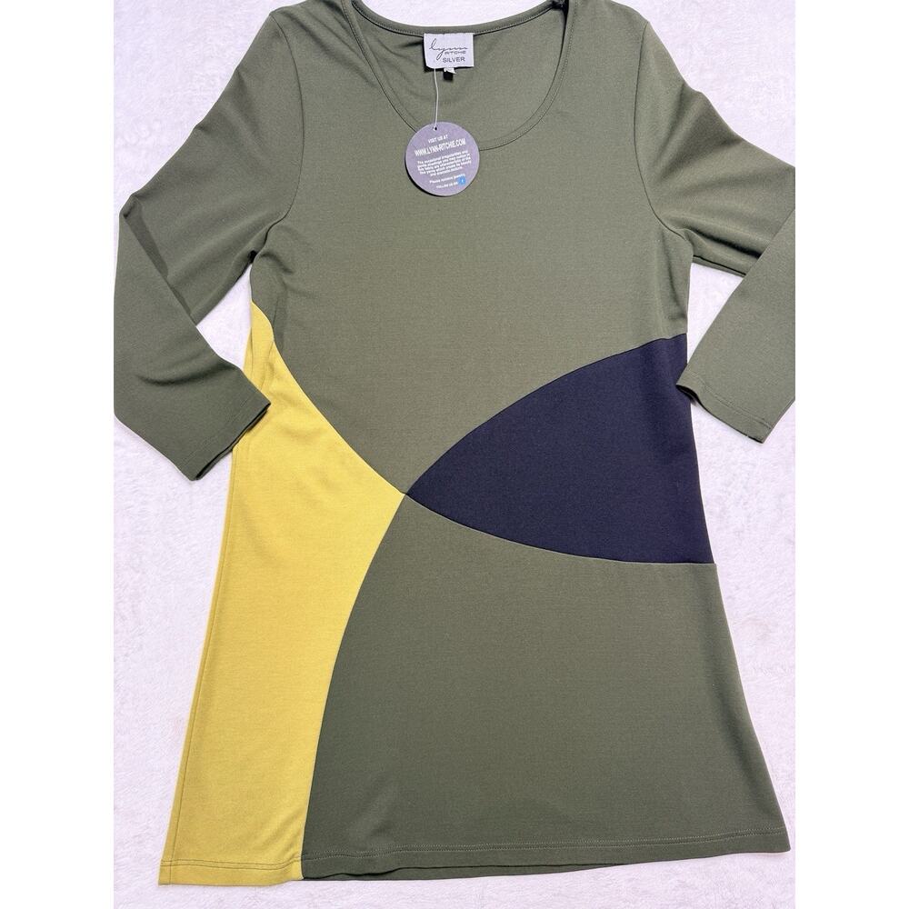 Lynn Ritchie Silver Colorblock A-Line Tunic Top Dress Olive Green Yellow M